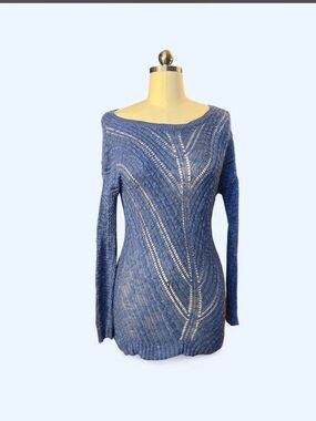 Motherhood Blue Knit Sweater Silver Leaf Pattern Textured Sheer